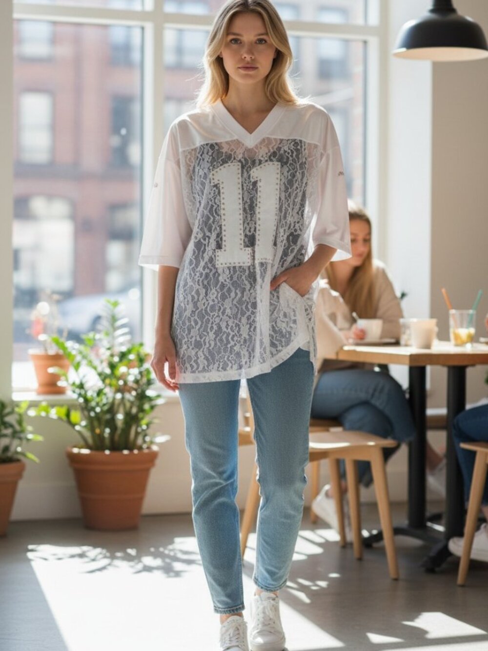 Women's Inspired White Lace Overlay Shirt with Studded '11' Detail